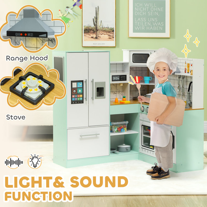 Qaba Play Kitchen Corner Kids Kitchen Playset with Chalkboard Range Hood Ice Maker Stove Refrigerator Microwave Realistic Sound Lights Pots Gift for Toddlers Ages 3 Years Old Wayfair